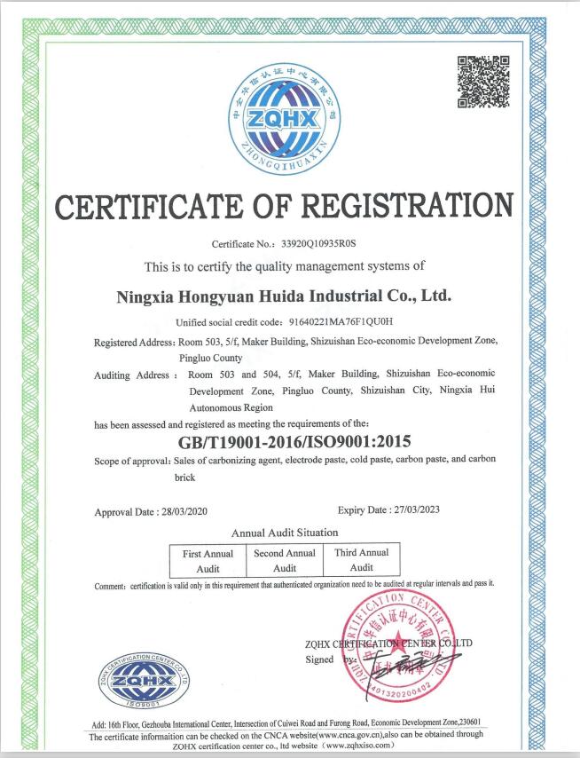 Quality management system of Ningxia Hongyuan Huida Industrial Co.,Ltd